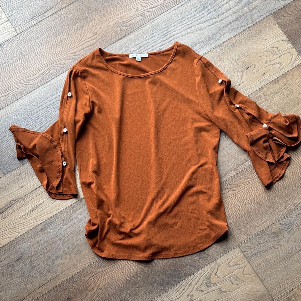Green Envelope Burnt Orange Blouse with Ruffle Sleeves